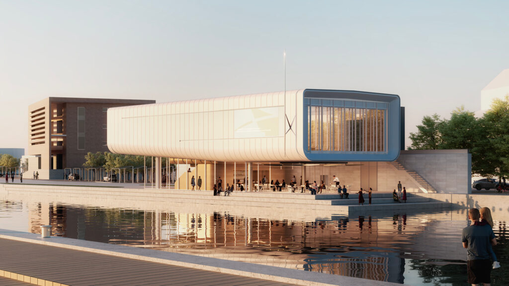 Rendering di un edificio eventi contemporaneo a sbalzo lungo il canale per Autorità di Sistema Portuale MACS , architettura BFSA.