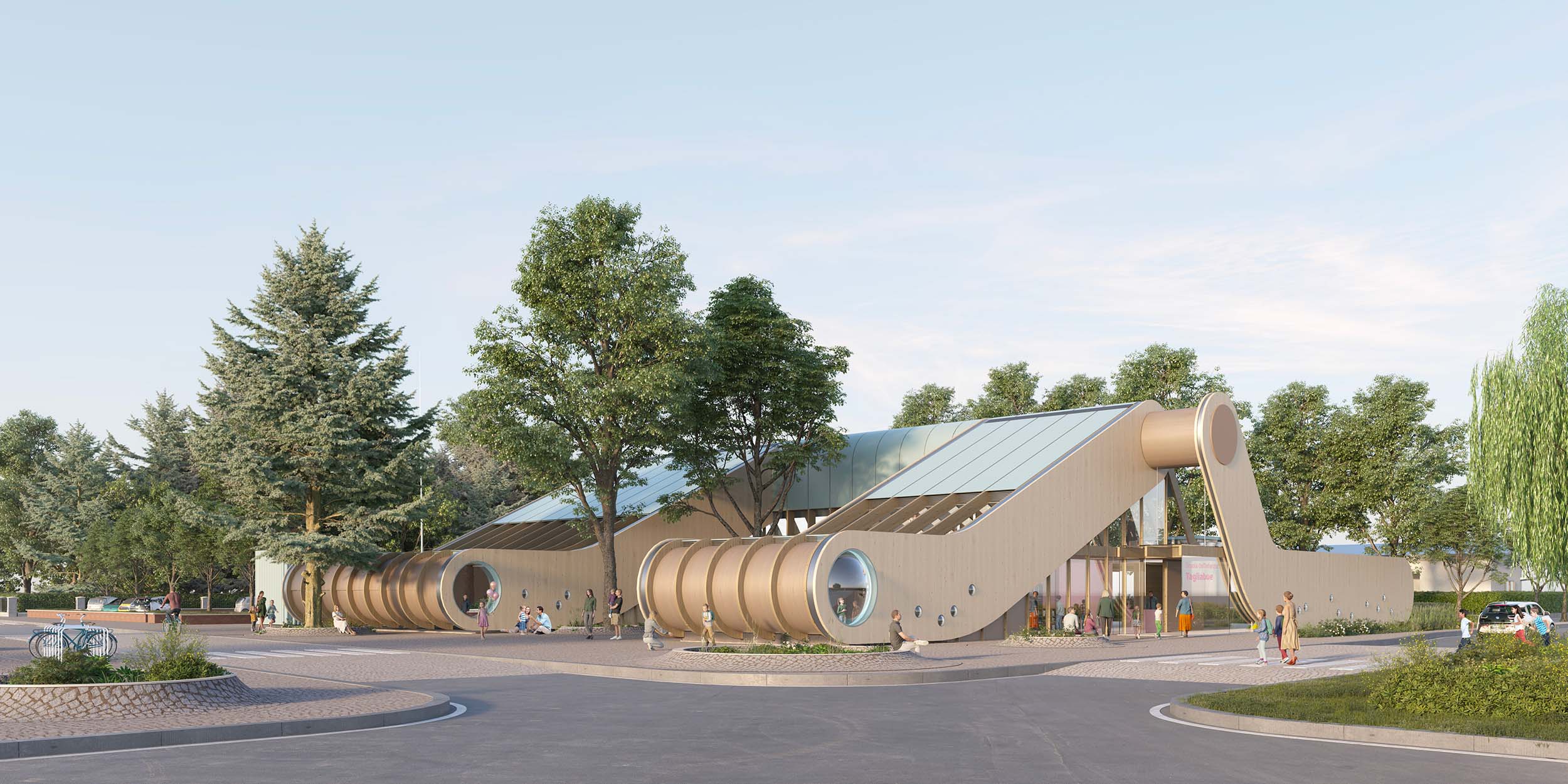 Render della vista esterna Nuova Scuola Tagliabue a Villasanta (MN), forma dell'edificio che ricorda due bruchi