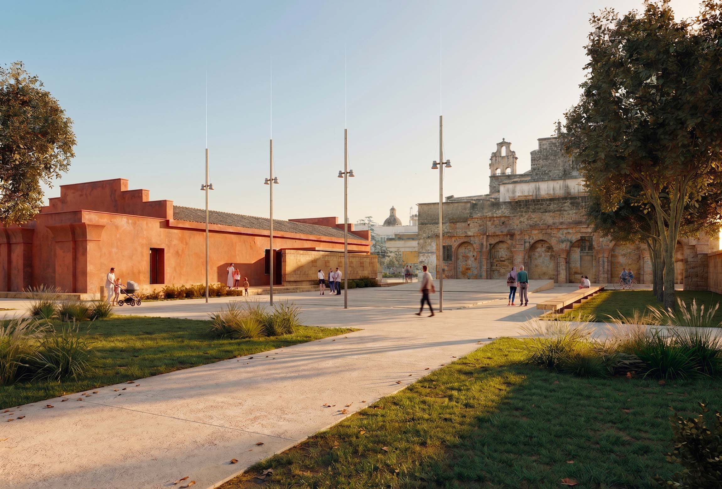 render vista esterna della piazza Teatro Arena Virgilio