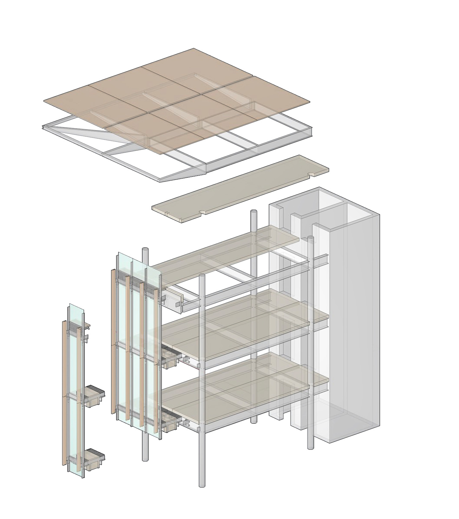 Diagramma assonometrico esploso di un modulo strutturale, design BFSA Architetti.
