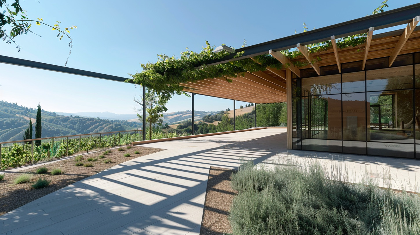 Porticato moderno in legno e metallo su paesaggio collinare, progetto BFSA Parma.