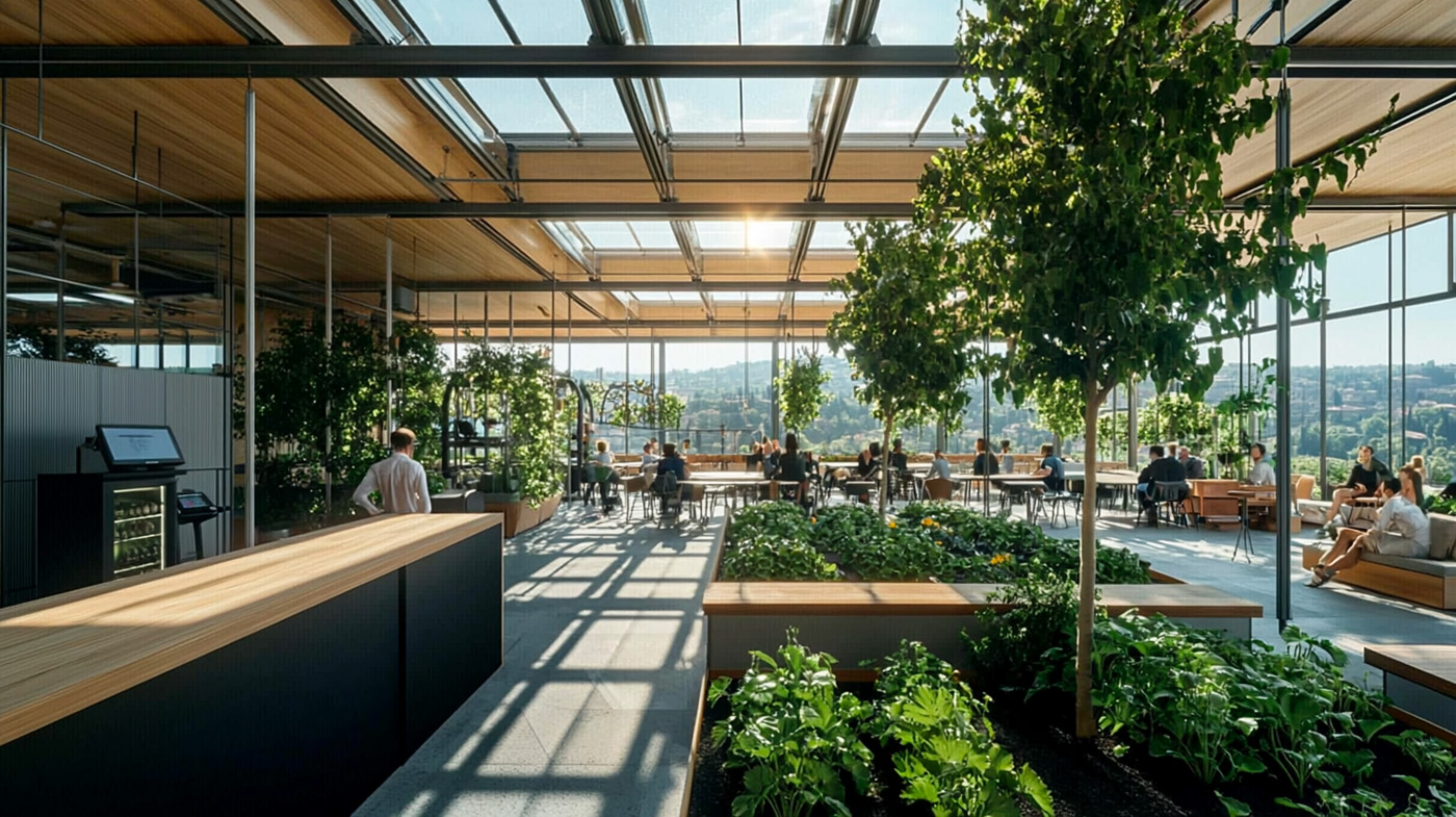 Render della vista interna della terrazza del complesso Cineca, con soffitto e pareti vetrate e piante decorative