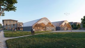 Rendering esterno del padiglione sostenibile per la sede Chiesi, architettura BFSA Parma.