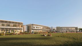 render della vista esterna del Campus con parco pubblico e pista ciclopedonale dell'ITT superiore Enrico Fermi